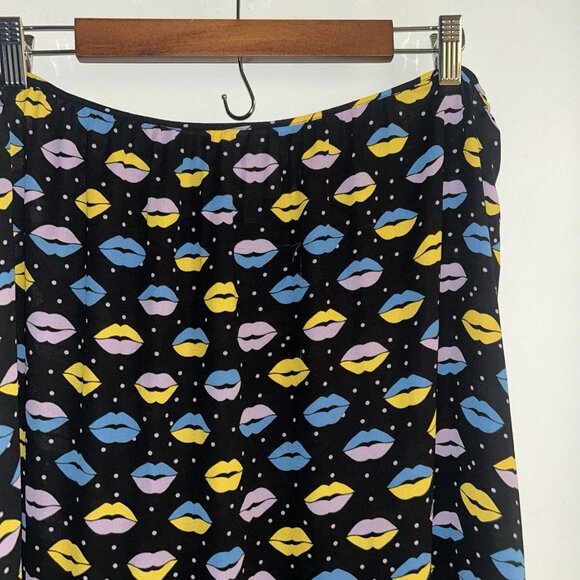 Anna Sui Black Multicolor Lip Print Ruffle Hem Retro Art Midi Skirt Size Large - Picture 3 of 8